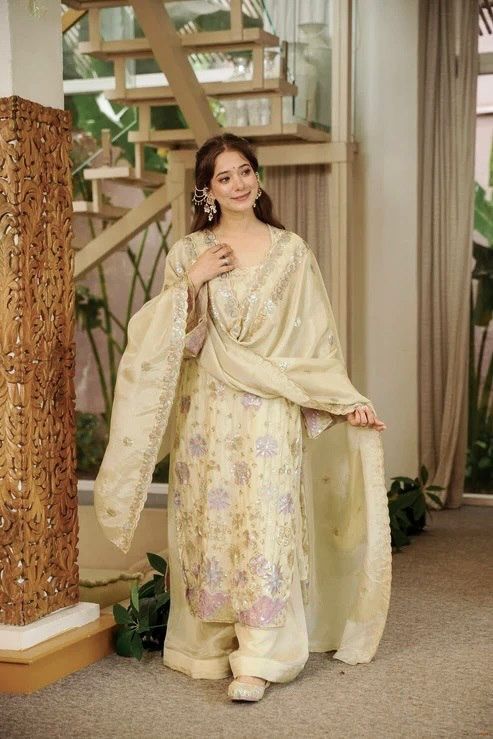 Cream Color Vichitra Silk Fabric Thread With Sequence Work Palazzo Suit