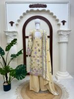 Cream Color Vichitra Silk Fabric Thread With Sequence Work Palazzo Suit