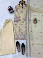 Cream Color Vichitra Silk Fabric Thread With Sequence Work Palazzo Suit