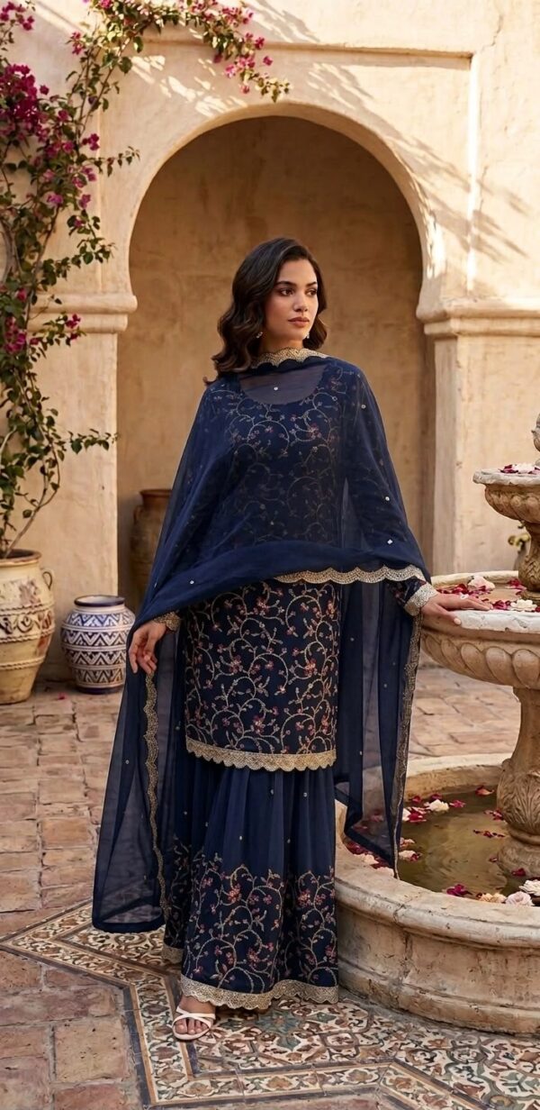 Dark Blue Color Georgette Fabric Jari With Sequence Work Sharara Set