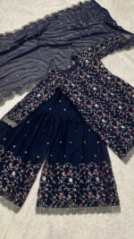 Dark Blue Color Georgette Fabric Jari With Sequence Work Sharara Set