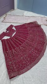 Dark Pink Color Slub Silk Fabric Thread With Sequence Work Lehenga