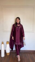 Dark Wine Color American Silk Fabric Thread With Sequence Work Suit