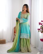 Dual Shade Color Chinon Silk Fabric Sequence With Pearl Work Palazzo Suit