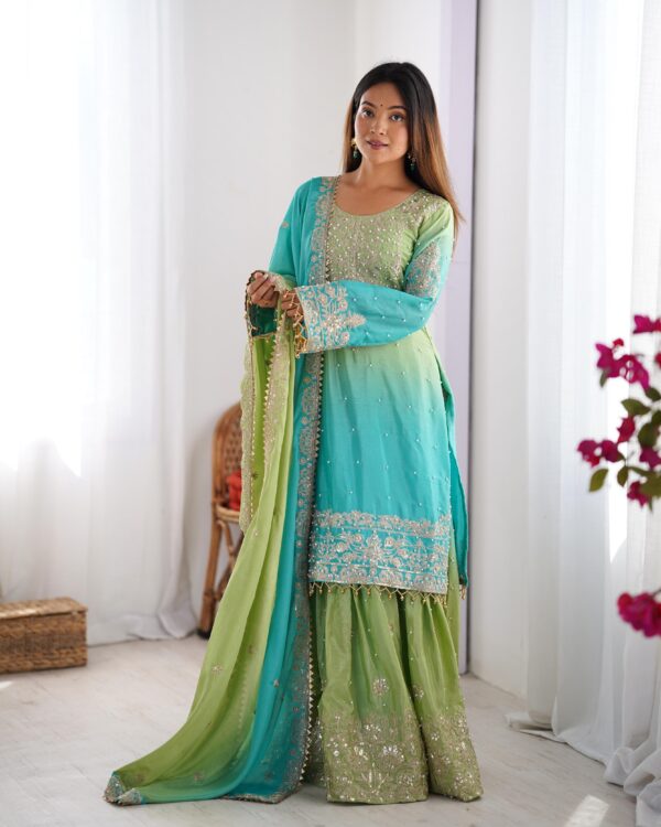 Dual Shade Color Chinon Silk Fabric Sequence With Pearl Work Palazzo Suit
