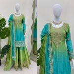 Dual Shade Color Chinon Silk Fabric Sequence With Pearl Work Palazzo Suit