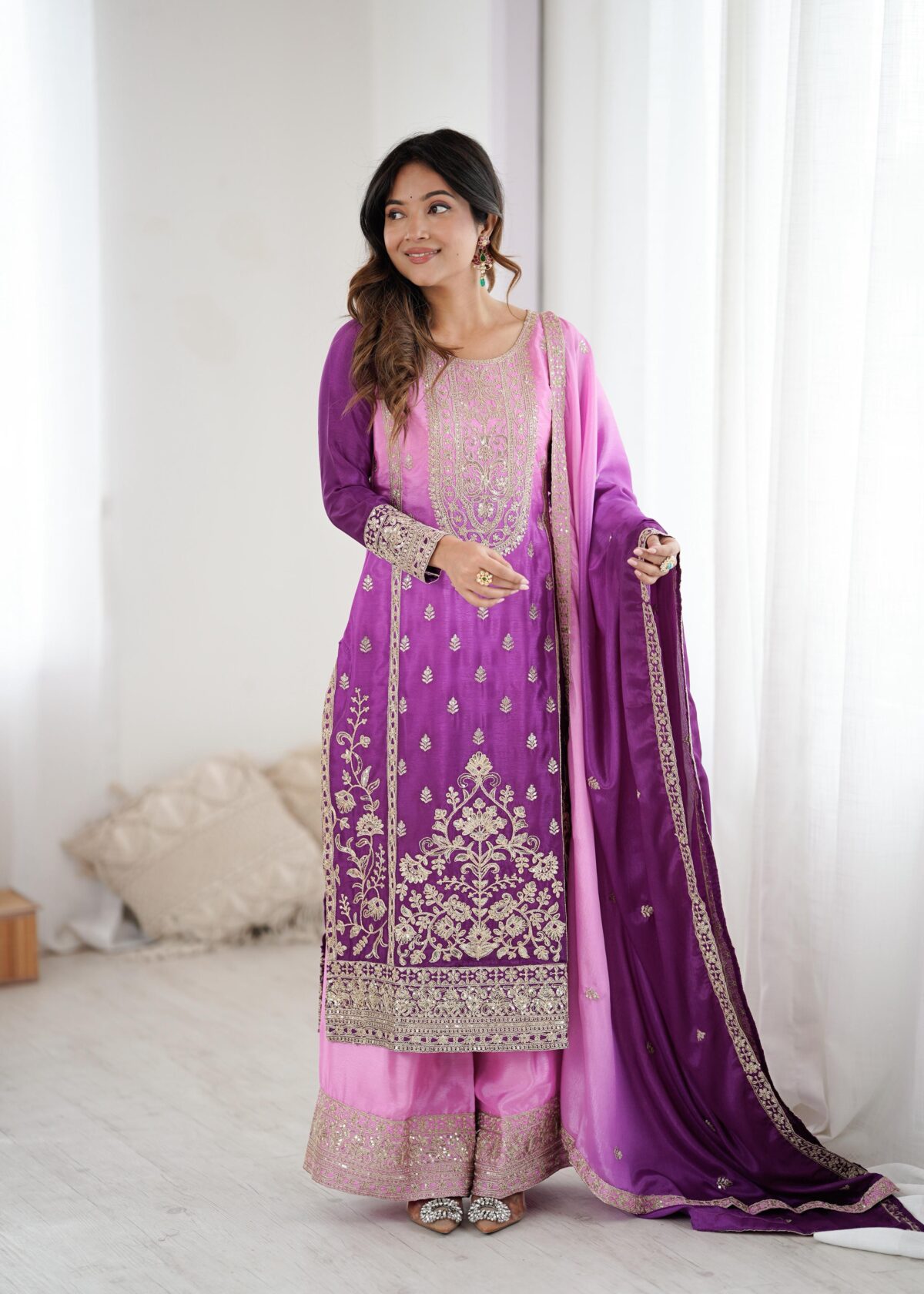 Dual Shade Color Chinon Silk Fabric Thread With Sequence Work Palazzo Suit
