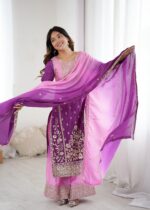 Dual Shade Color Chinon Silk Fabric Thread With Sequence Work Palazzo Suit