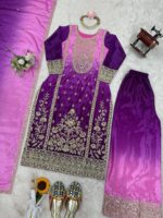 Dual Shade Color Chinon Silk Fabric Thread With Sequence Work Palazzo Suit