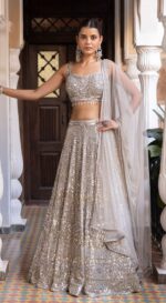 Grey Color Rangoli Silk Fabric Embroidery Jari Work With Sequence Work Lehenga
