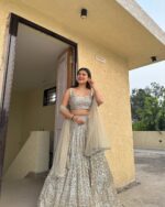 Grey Color Rangoli Silk Fabric Embroidery Jari Work With Sequence Work Lehenga