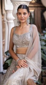 Grey Color Rangoli Silk Fabric Embroidery Jari Work With Sequence Work Lehenga
