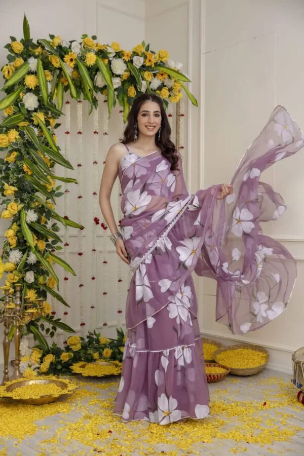 Lavender Color Georgette Fabric Digital Print Work Ruffle Style Lehenga Saree