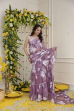 Lavender Color Georgette Fabric Digital Print Work Ruffle Style Lehenga Saree