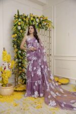 Lavender Color Georgette Fabric Digital Print Work Ruffle Style Lehenga Saree