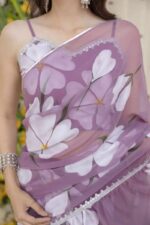 Lavender Color Georgette Fabric Digital Print Work Ruffle Style Lehenga Saree