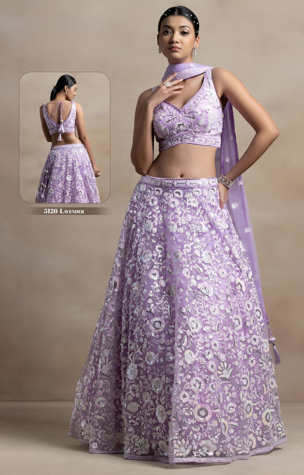 Lavender Color Soft Net Fabric Thread With Multiple Sequence Work Lehenga