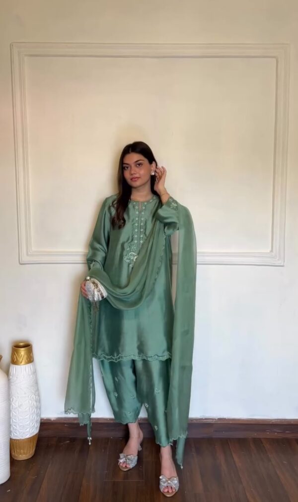 Light Green Color American Silk Fabric Thread Work Suit