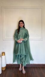 Light Green Color American Silk Fabric Thread Work Suit