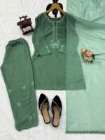 Light Green Color American Silk Fabric Thread Work Suit