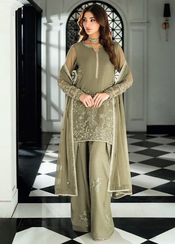 Light Mehandi Color Faux Georgette Fabric Thread With Sequence Work Palazzo Suit