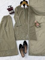 Light Mehandi Color Faux Georgette Fabric Thread With Sequence Work Palazzo Suit