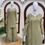 Light Mehandi Color Faux Georgette Fabric Thread With Sequence Work Palazzo Suit