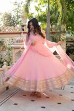 Light Pink Color Natural Crepe Fabric Coding With Pearl Work Anarkali Suit