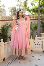 Light Pink Color Natural Crepe Fabric Coding With Pearl Work Anarkali Suit