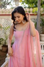 Light Pink Color Natural Crepe Fabric Coding With Pearl Work Anarkali Suit