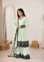 Light Pista Color Faux Georgette Fabric Thread Work Palazzo Suit