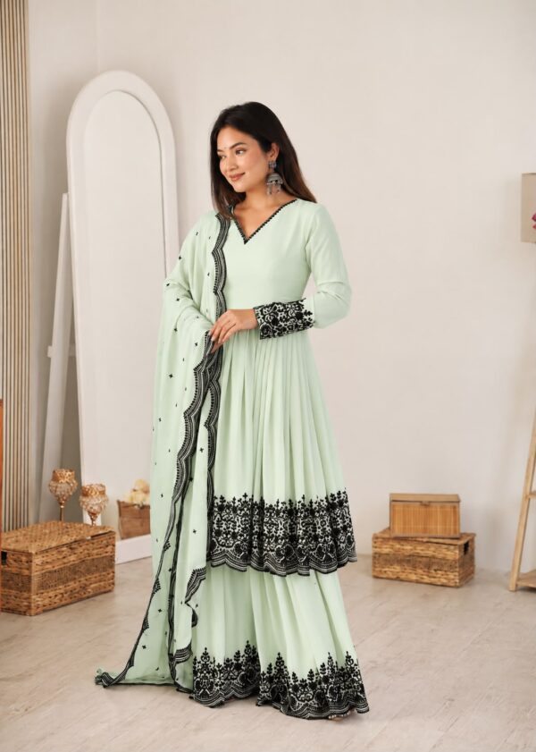 Light Pista Color Faux Georgette Fabric Thread Work Palazzo Suit