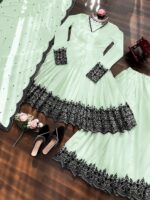Light Pista Color Faux Georgette Fabric Thread Work Palazzo Suit