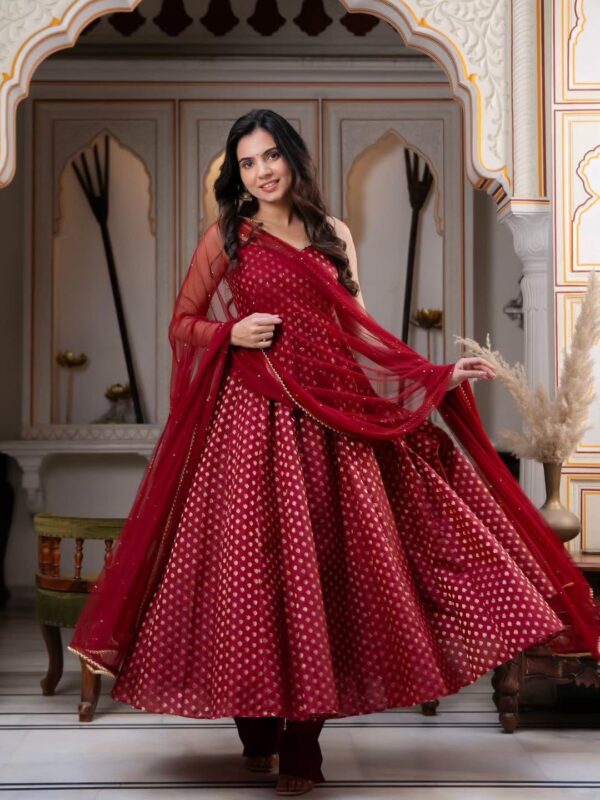 Maroon Color Chanderi Jacquard Fabric Fancy Lace Work Anarkali Suit