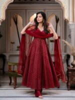 Maroon Color Chanderi Jacquard Fabric Fancy Lace Work Anarkali Suit