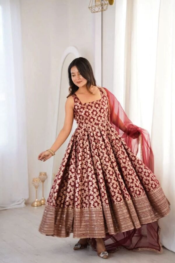 Maroon Color Chanderi Jacquard Fabric Thread With Sequence Work Anarkali Suit