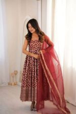Maroon Color Chanderi Jacquard Fabric Thread With Sequence Work Anarkali Suit