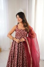 Maroon Color Chanderi Jacquard Fabric Thread With Sequence Work Anarkali Suit