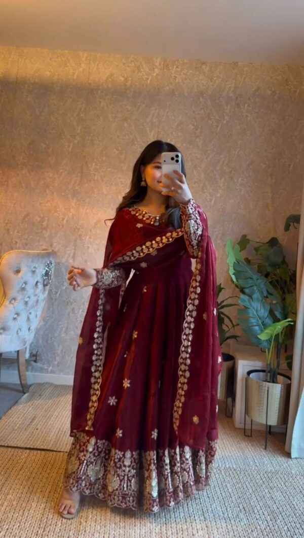 Maroon Color Fendi Silk Fabric Thread With Sequence Work Anarkali Suit