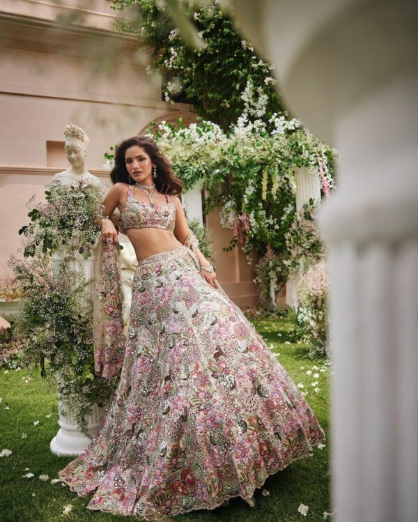 Multi Color Faux Georgette Fabric Coding Jari With Sequence Work Lehenga