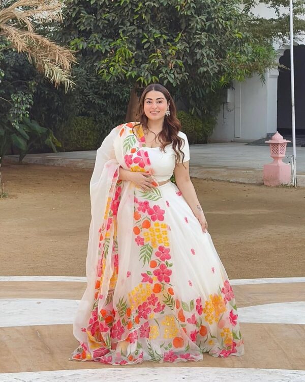 Multi Color Tabby Silk Fabric Floral Print Work Lehenga