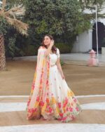 Multi Color Tabby Silk Fabric Floral Print Work Lehenga