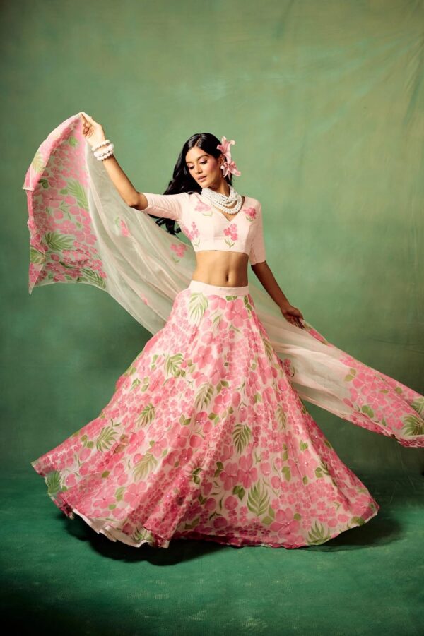 Multi Color Tabby Silk Fabric Floral Print Work Lehenga