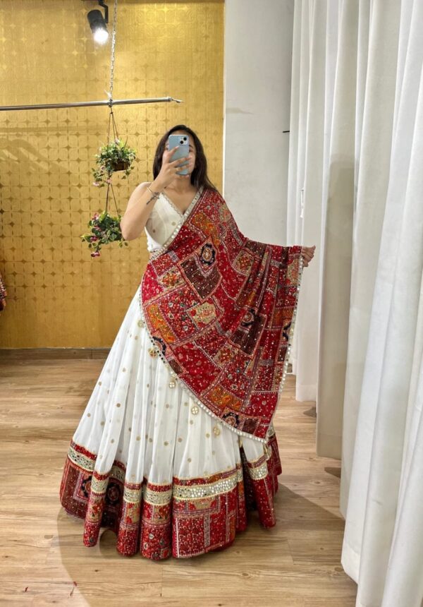 Navratri Special White Color Georgette Fabric Sequence With Foil Mirror Work Lehenga