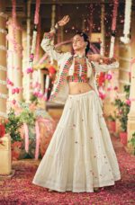 Navratri Special White Color Pure Cotton Fabric Embroidery Work Koti Style Lehenga