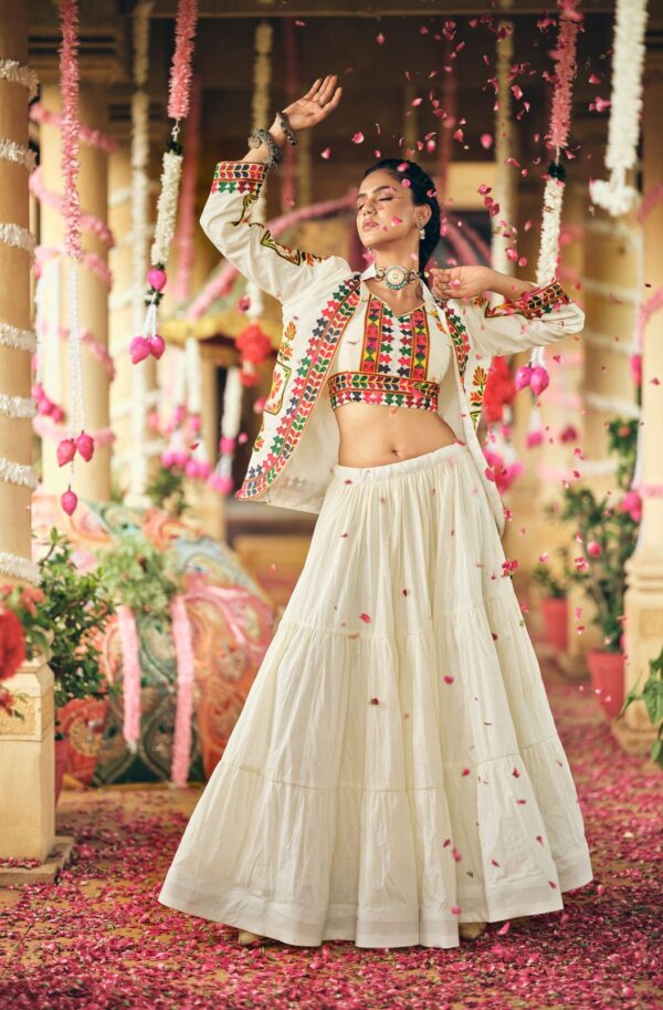 Navratri Special White Color Pure Cotton Fabric Embroidery Work Koti Style Lehenga