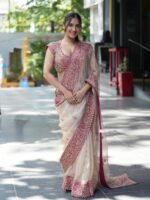 Off White Color Glass Organza Silk Fabric Thread With Sequence Work Saree