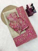 Off White Color Glass Organza Silk Fabric Thread With Sequence Work Saree