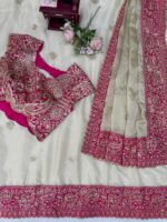 Off White Color Glass Organza Silk Fabric Thread With Sequence Work Saree
