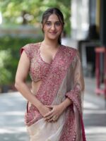 Off White Color Glass Organza Silk Fabric Thread With Sequence Work Saree